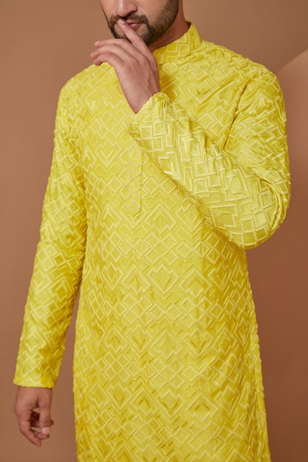 Kasbah Yellow Silk Embroidery Chikankari Work Kurta With Pant Online at Aza Fashions Kasbah_Yellow Silk Embroidery Chikankari Work Kurta With Pant _Online_at_Aza_Fashions