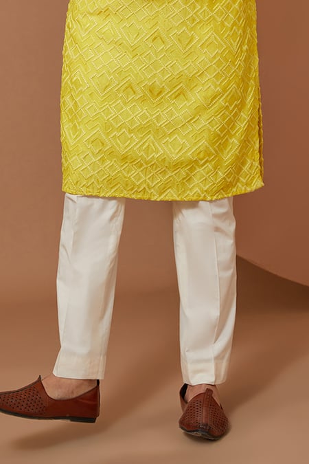 Buy Kasbah Yellow Silk Embroidery Chikankari Work Kurta With Pant Online at Aza Fashions Buy_Kasbah_Yellow Silk Embroidery Chikankari Work Kurta With Pant _Online_at_Aza_Fashions