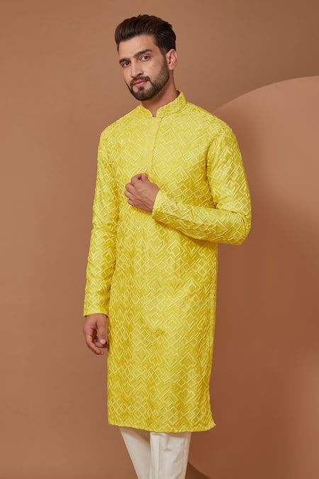 Shop Kasbah Yellow Silk Embroidery Chikankari Work Kurta With Pant Online at Aza Fashions Shop_Kasbah_Yellow Silk Embroidery Chikankari Work Kurta With Pant _Online_at_Aza_Fashions