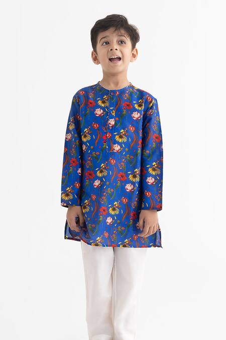 Ankid_Blue Silk Chanderi Chattur Tota Print Kurta Set_Online_at_Aza_Fashions