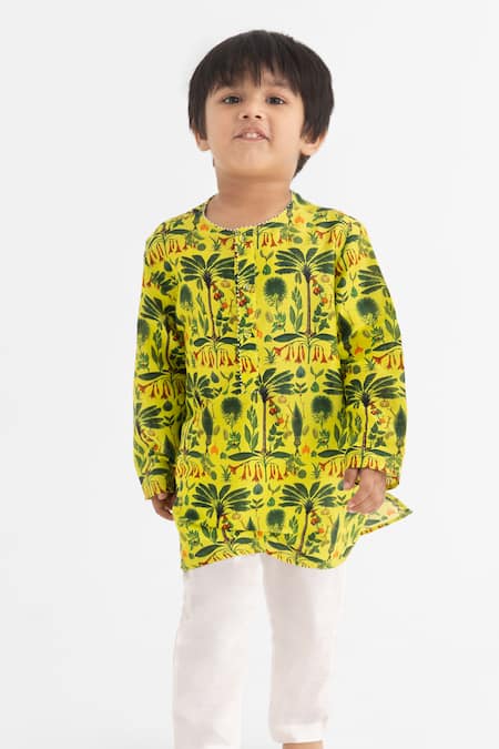 Ankid_Green Silk Chanderi Jaadui Jungle Print Kurta With Pyjama_Online_at_Aza_Fashions
