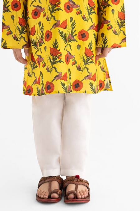 Ankid_Yellow Silk Chanderi Chidiya Rani Print Kurta Set_Online_at_Aza_Fashions