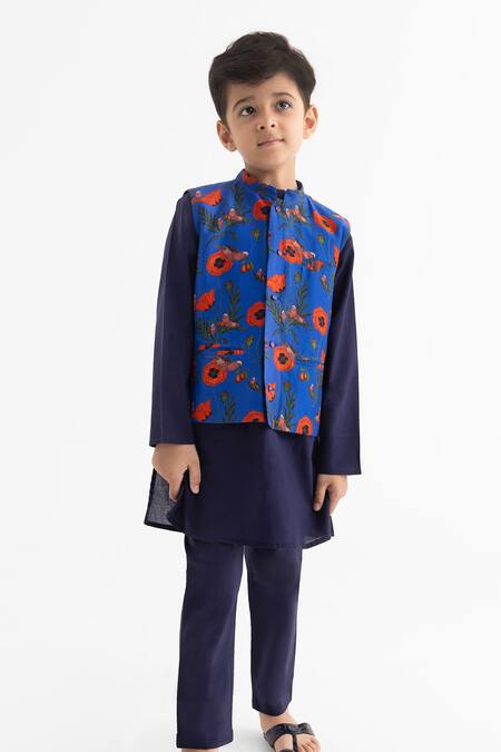 Ankid_Blue Silk Chanderi Chidiya Rani Print Bundi Kurta Set_Online_at_Aza_Fashions