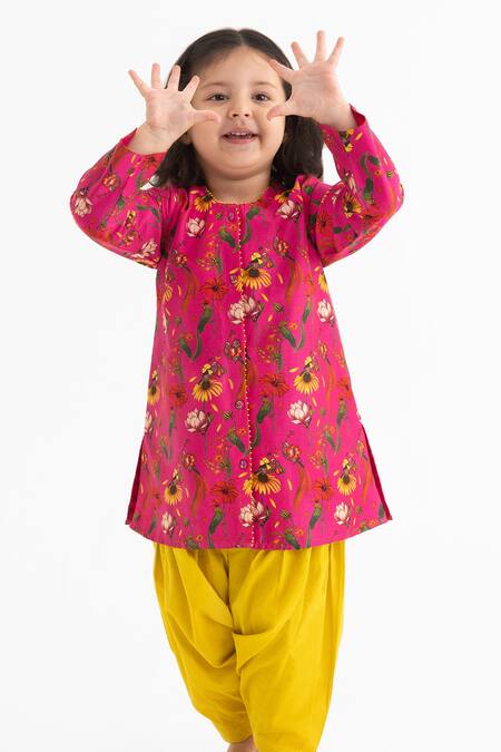 Ankid_Pink Silk Chanderi Chidiya Tota Print Kurta With Salwar_Online_at_Aza_Fashions