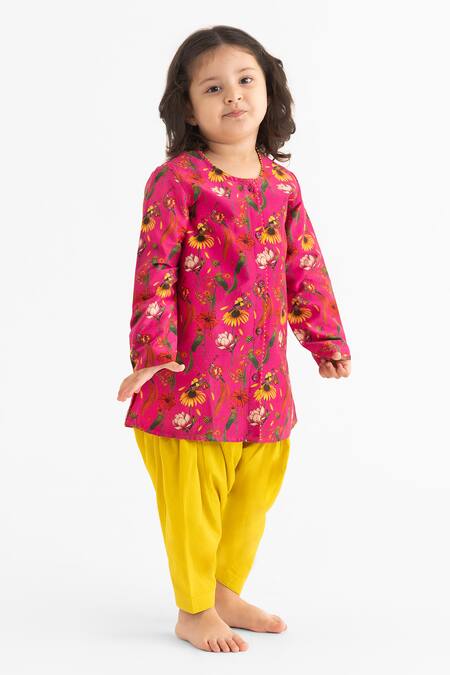 Buy_Ankid_Pink Silk Chanderi Chidiya Tota Print Kurta With Salwar_Online_at_Aza_Fashions