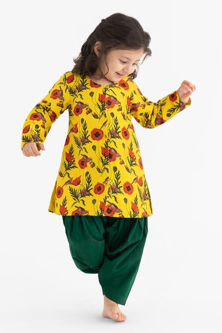 Shop Ankid Yellow Silk Chanderi Sayani Chidiya Print Kurta With Salwar at Aza Fashions Shop_Ankid_Yellow Silk Chanderi Sayani Chidiya Print Kurta With Salwar_at_Aza_Fashions