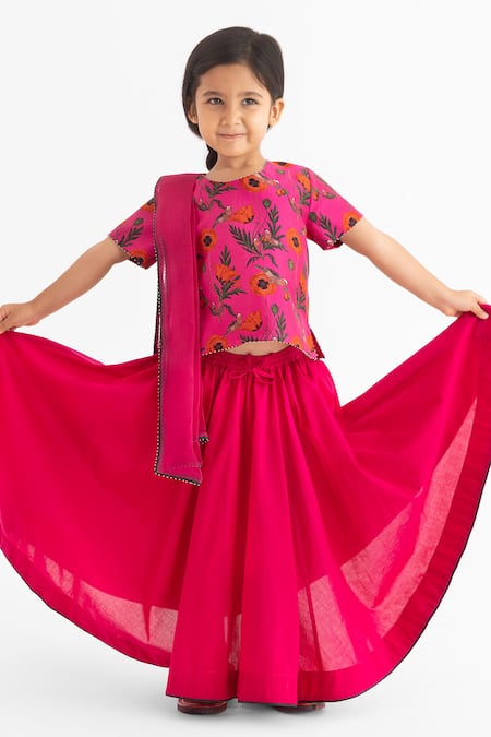 Ankid_Pink Silk Chanderi Chidiya Rani Print Blouse Lehenga Set_Online_at_Aza_Fashions