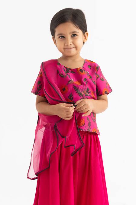 Buy_Ankid_Pink Silk Chanderi Chidiya Rani Print Blouse Lehenga Set_Online_at_Aza_Fashions