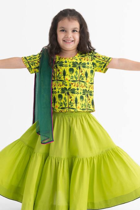 Ankid_Green Silk Chanderi Jaadui Jungle Print Blouse Lehenga Set_Online_at_Aza_Fashions