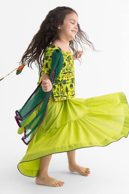 Buy_Ankid_Green Silk Chanderi Jaadui Jungle Print Blouse Lehenga Set_Online_at_Aza_Fashions