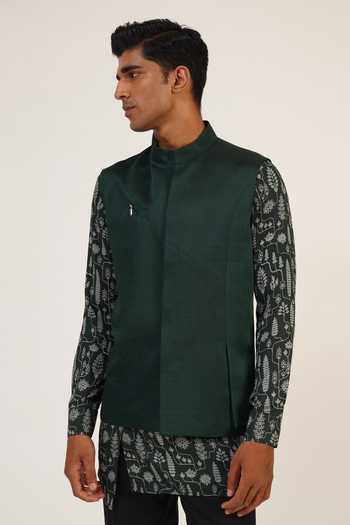 Shop_Dhruv Vaish_Green Viscose, Satin Embroidery Bottle Floral Print Kurta Set _Online_at_Aza_Fashions
