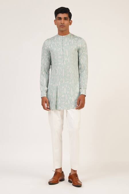 Dhruv Vaish_Blue Viscose, Satin Embroidery Jawahar Jacket Short Kurta Set _Online_at_Aza_Fashions