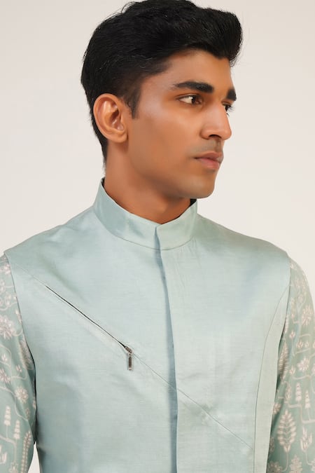 Dhruv Vaish_Blue Viscose, Satin Embroidery Jawahar Jacket Short Kurta Set _at_Aza_Fashions