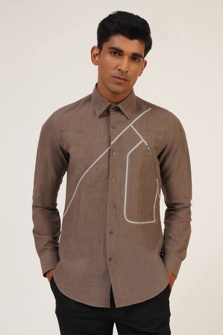 Dhruv Vaish_Brown Handloom Cotton Embroidery Striped Shirt _Online_at_Aza_Fashions