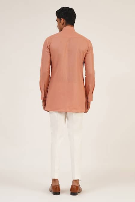 Shop_Dhruv Vaish_Pink Cotton, Linen Front Zipper Pocket Short Kurta _at_Aza_Fashions