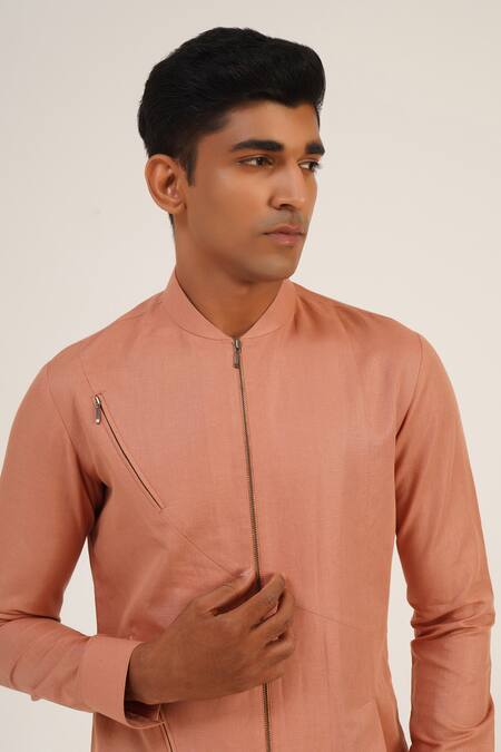 Dhruv Vaish_Pink Cotton, Linen Front Zipper Pocket Short Kurta _Online_at_Aza_Fashions