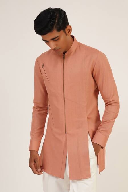 Buy_Dhruv Vaish_Pink Cotton, Linen Front Zipper Pocket Short Kurta _Online_at_Aza_Fashions