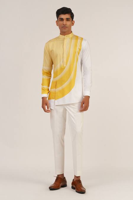 Dhruv Vaish_Cream Cotton Satin Embroidery Curve Line Print Short Kurta _Online_at_Aza_Fashions