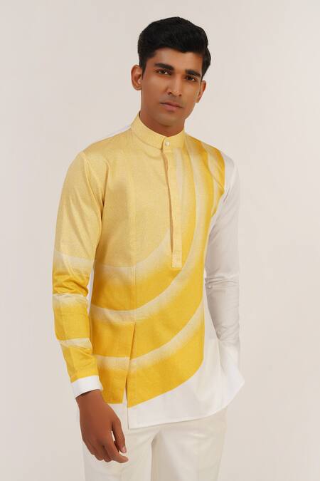 Buy_Dhruv Vaish_Cream Cotton Satin Embroidery Curve Line Print Short Kurta _Online_at_Aza_Fashions