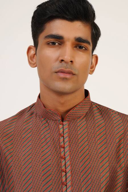 Dhruv Vaish_Brown Chanderi, Cotton Printed And Pintucked Straight Kurta Set _Online_at_Aza_Fashions