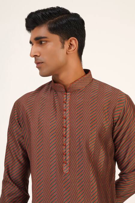 Shop_Dhruv Vaish_Brown Chanderi, Cotton Printed And Pintucked Straight Kurta Set _Online_at_Aza_Fashions
