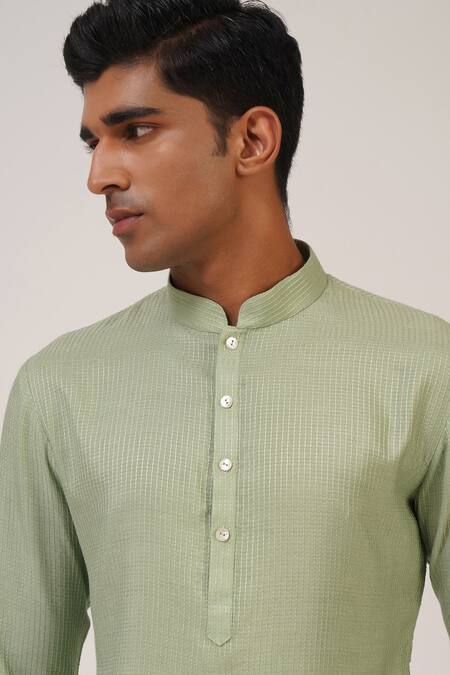 Dhruv Vaish_Green Cotton, Silk Embroidery Striped Thread Kurta Set _Online_at_Aza_Fashions