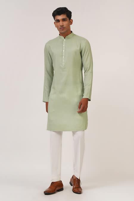 Shop_Dhruv Vaish_Green Cotton, Silk Embroidery Striped Thread Kurta Set _Online_at_Aza_Fashions