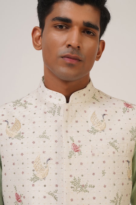 Dhruv Vaish_Ivory Silk Embroidery Floral Jawahar Jacket _Online_at_Aza_Fashions