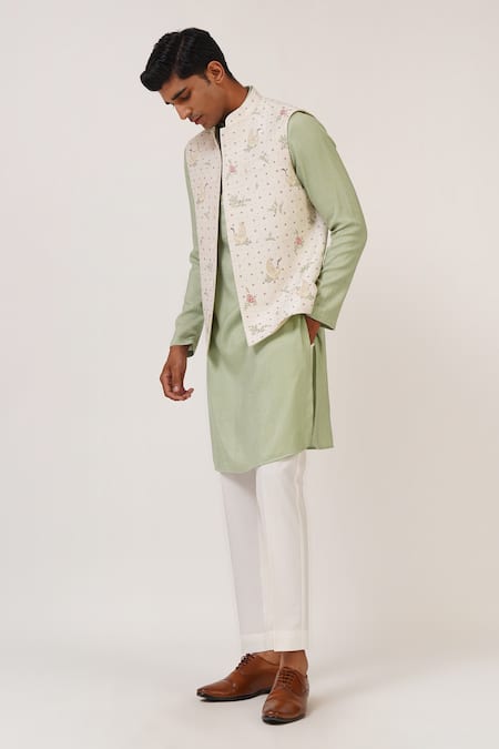 Buy_Dhruv Vaish_Ivory Silk Embroidery Floral Jawahar Jacket _Online_at_Aza_Fashions