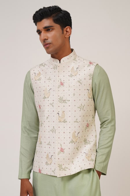 Dhruv Vaish_Ivory Silk Embroidery Floral Jawahar Jacket _at_Aza_Fashions