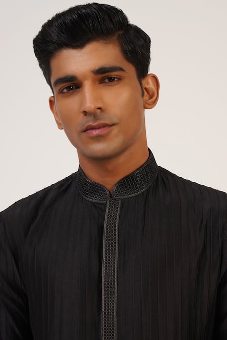 Dhruv Vaish_Black Modal, Satin Embroidery Draped Kurta And Pant Set _Online_at_Aza_Fashions