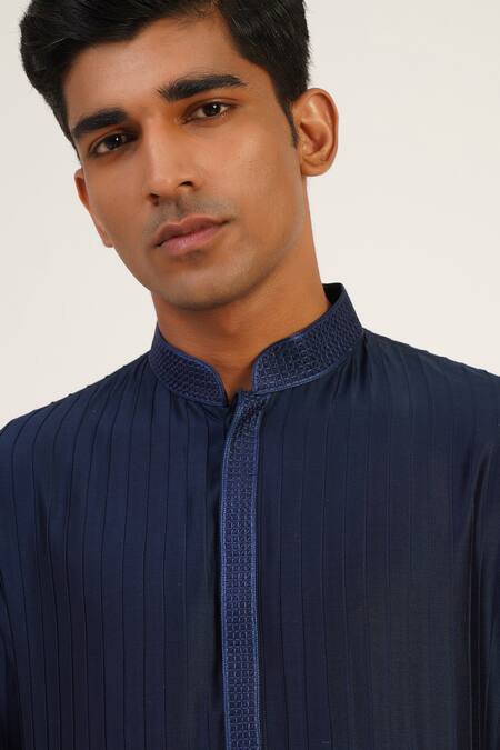 Dhruv Vaish_Blue Modal, Satin Embroidery Pintuck Draped Kurta Set _Online_at_Aza_Fashions