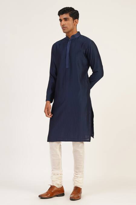 Buy_Dhruv Vaish_Blue Modal, Satin Embroidery Pintuck Draped Kurta Set _Online_at_Aza_Fashions