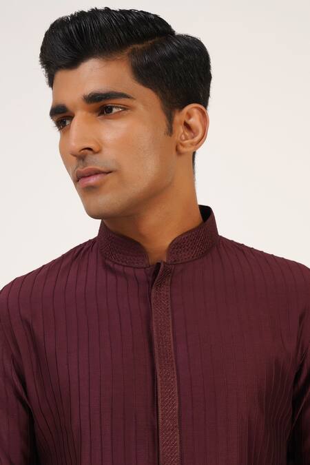Dhruv Vaish_Purple Modal, Satin Embroidery Draped Pintuck Kurta Set _Online_at_Aza_Fashions