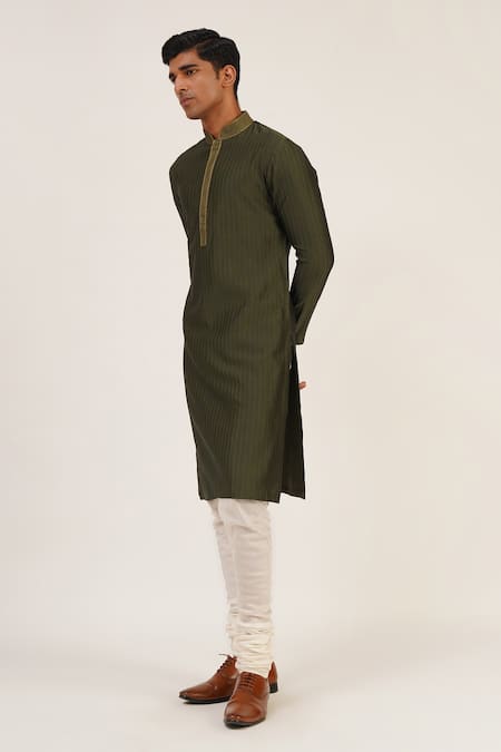 Dhruv Vaish_Green Modal, Satin Embroidery Cotton Silk Neckline Kurta Set _Online_at_Aza_Fashions