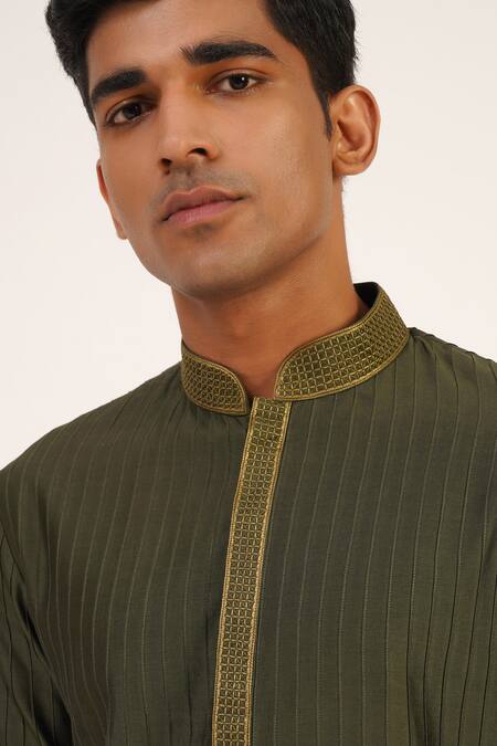 Buy_Dhruv Vaish_Green Modal, Satin Embroidery Cotton Silk Neckline Kurta Set _Online_at_Aza_Fashions