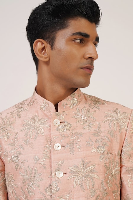 Dhruv Vaish_Pink Silk, Cotton Zari Floral Embroidered Sherwani Set _Online_at_Aza_Fashions