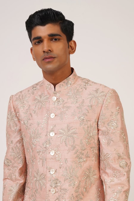 Buy_Dhruv Vaish_Pink Silk, Cotton Zari Floral Embroidered Sherwani Set _Online_at_Aza_Fashions