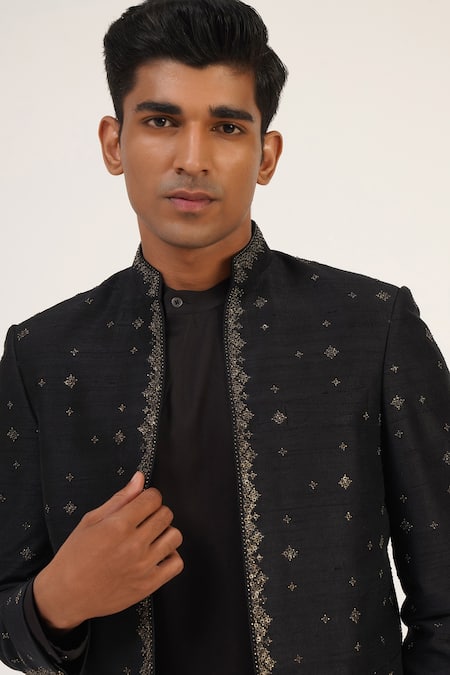 Dhruv Vaish_Black Silk Metallic Thread Floral Embroidered Bandhgala _Online_at_Aza_Fashions