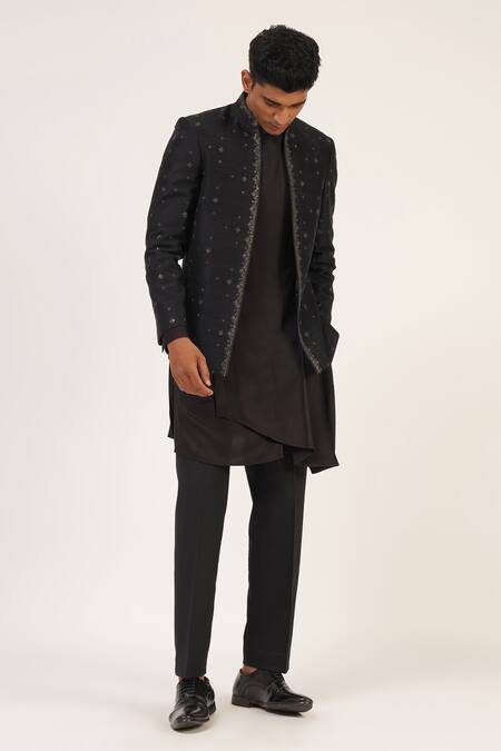 Buy_Dhruv Vaish_Black Silk Metallic Thread Floral Embroidered Bandhgala _Online_at_Aza_Fashions