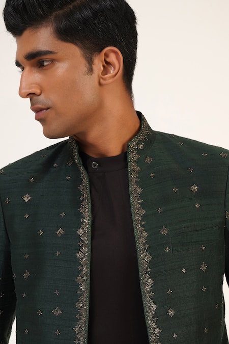 Dhruv Vaish_Green Silk Metallic Thread Embroidered Bandhgala _Online_at_Aza_Fashions