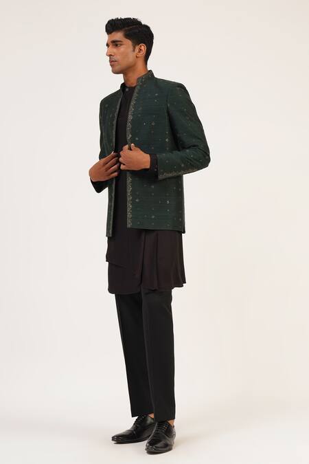 Buy_Dhruv Vaish_Green Silk Metallic Thread Embroidered Bandhgala _Online_at_Aza_Fashions