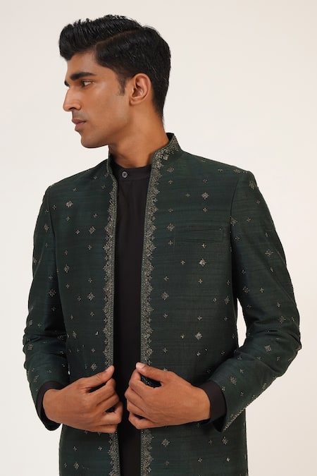 Shop_Dhruv Vaish_Green Silk Metallic Thread Embroidered Bandhgala _Online_at_Aza_Fashions