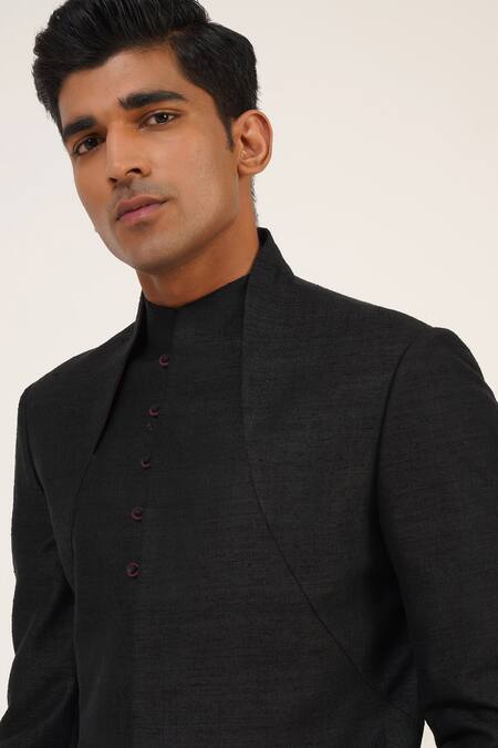 Dhruv Vaish_Black Silk Full Sleeve Sherwani _Online_at_Aza_Fashions
