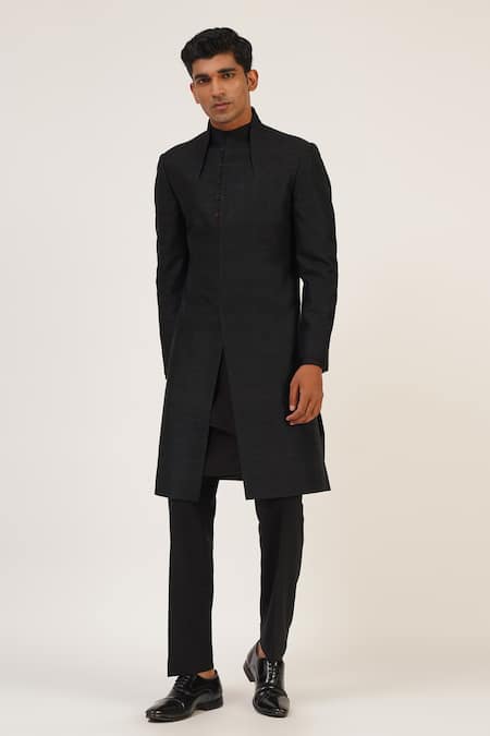 Buy_Dhruv Vaish_Black Silk Full Sleeve Sherwani _Online_at_Aza_Fashions