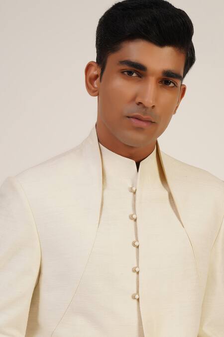Dhruv Vaish_Ivory Silk Full Sleeve Sherwani _Online_at_Aza_Fashions