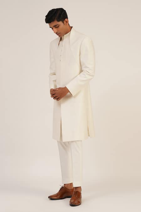 Buy_Dhruv Vaish_Ivory Silk Full Sleeve Sherwani _Online_at_Aza_Fashions