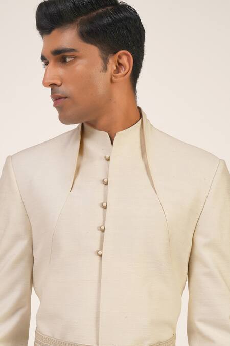 Shop_Dhruv Vaish_Ivory Silk Full Sleeve Sherwani _Online_at_Aza_Fashions