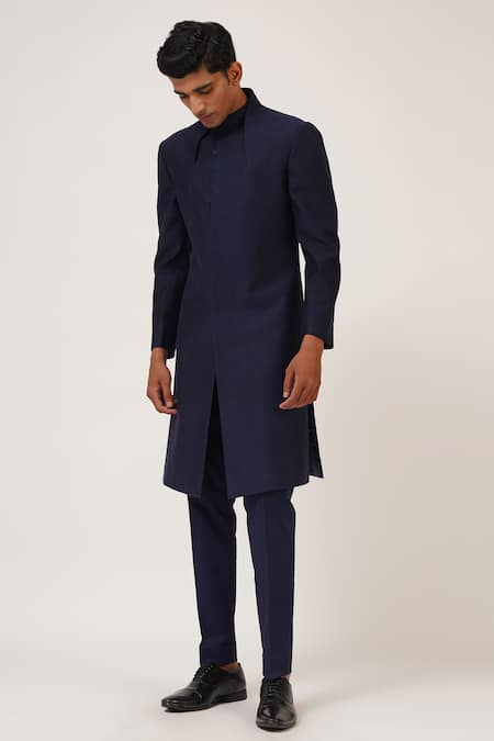 Buy_Dhruv Vaish_Blue Silk Solid Full Sleeve Sherwani _Online_at_Aza_Fashions
