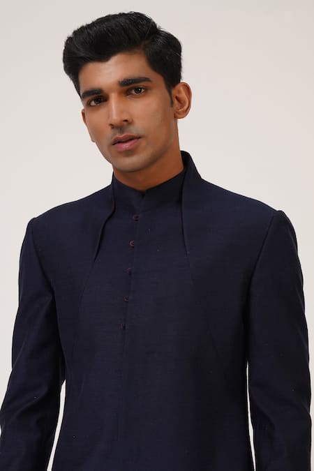 Shop_Dhruv Vaish_Blue Silk Solid Full Sleeve Sherwani _Online_at_Aza_Fashions
